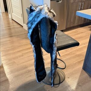 Faux Fur Wolf Hood with Paw Details - Black and Gray